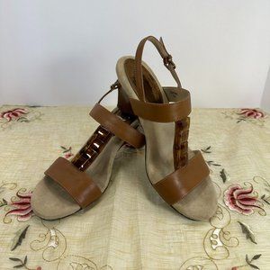 Ellen Tracy Brown/Beige Open Toe Wedge Sandal with Strap Size 9M